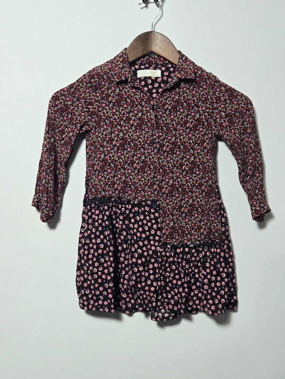 Zara Girls Floral Long Sleeve Dress Button Front Tiered Black Pink Mixed Print 5